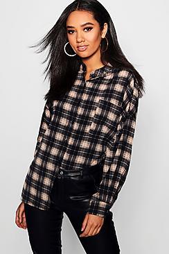 Boohoo Petite Grandad Collar Oversized Check Shirt