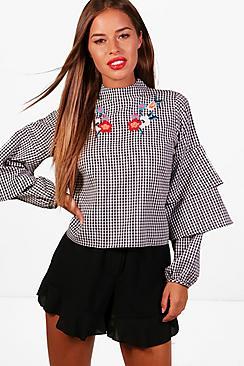 Boohoo Petite Clara Gingham Tier Sleeve Embroidered Blouse
