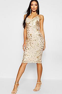 Boohoo Sequin & Mesh Plunge Neck Midi Dress