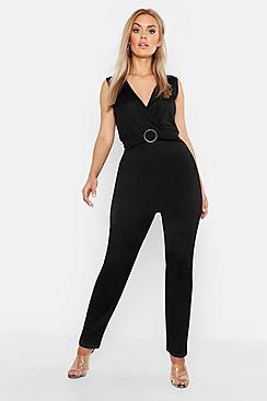 Boohoo Plu Plunge Belted Tailored Jumpsuit