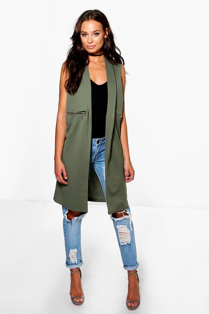 Boohoo Holly Zip Detail Duster Coat Khaki