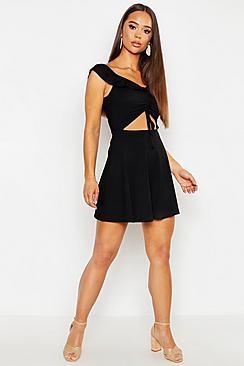 Boohoo Rouched Front Bardot Rib Skater Dress
