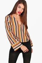 Boohoo Millie Stripe Wrap Front Flare Sleeve Blouse