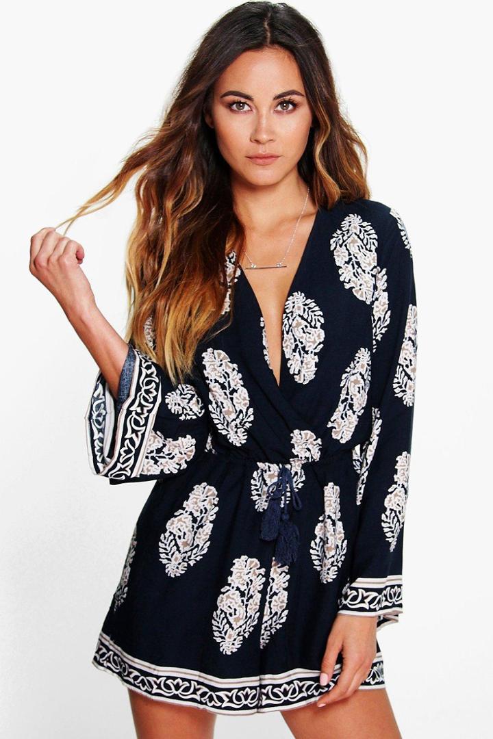 Boohoo Cara Wrap Front Printed Playsuit Navy