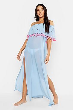 Boohoo Sequin & Pom Pom Bardot Maxi Beach Dress