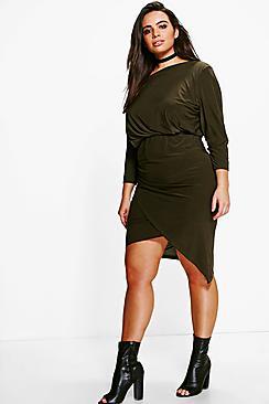 Boohoo Plus Sasha Off The Shoulder Asymmetric Dress