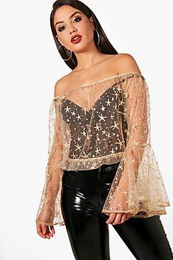 Boohoo Ava Off The Shoulder Glitter & Pearl Embellished Top