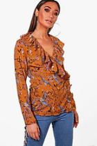 Boohoo Polly Printed Woven Ruffle Front Blouse