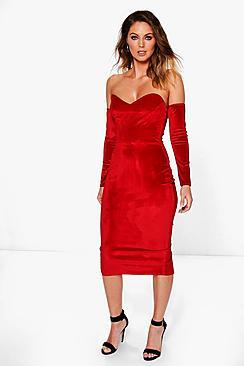 Boohoo Lara Velvet Bandeau Sleeve Midi Dress