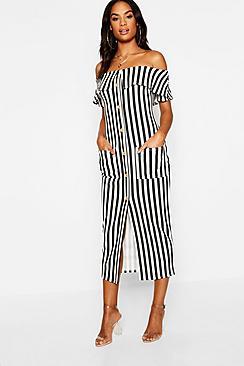 Boohoo Tall Bardot Stripe Button Midi Dress