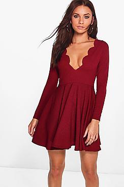 Boohoo Long Sleeved Scallop Plunge Skater Dress