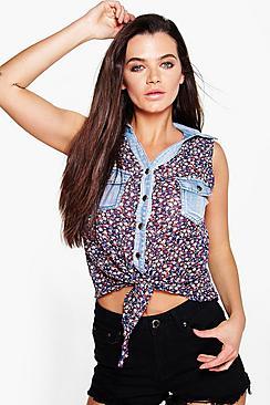 Boohoo Daisy Floral Print Pocket Tie Front Shirt