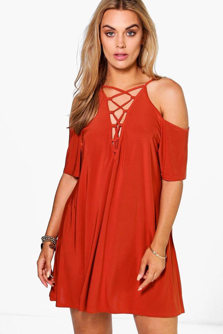 Boohoo Plus Bianca Lace Up Open Shoulder Detail Dress Spice