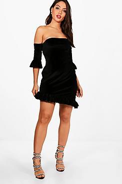 Boohoo Cara Bardot 3/4 Sleeve Micro Frill Mini Dress