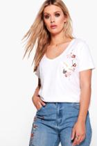 Boohoo Plus Erin Embroidered V Neck Tee White