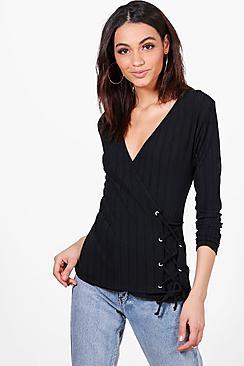 Boohoo Sarah Corset Lace Up Rib Top