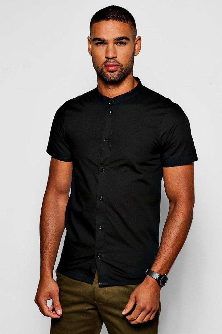 Boohoo Black Slim Fit Short Sleeve Grandad Collar Shirt Black