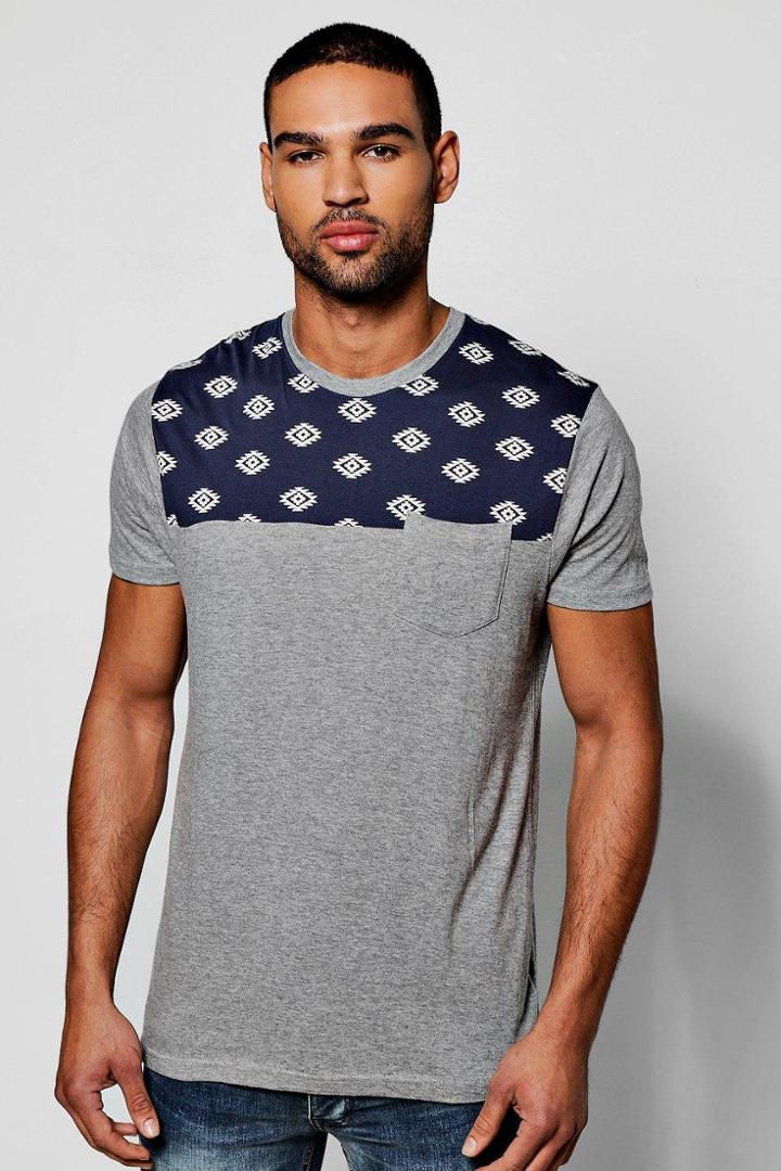 Boohoo Aztec Panel T Shirt Grey