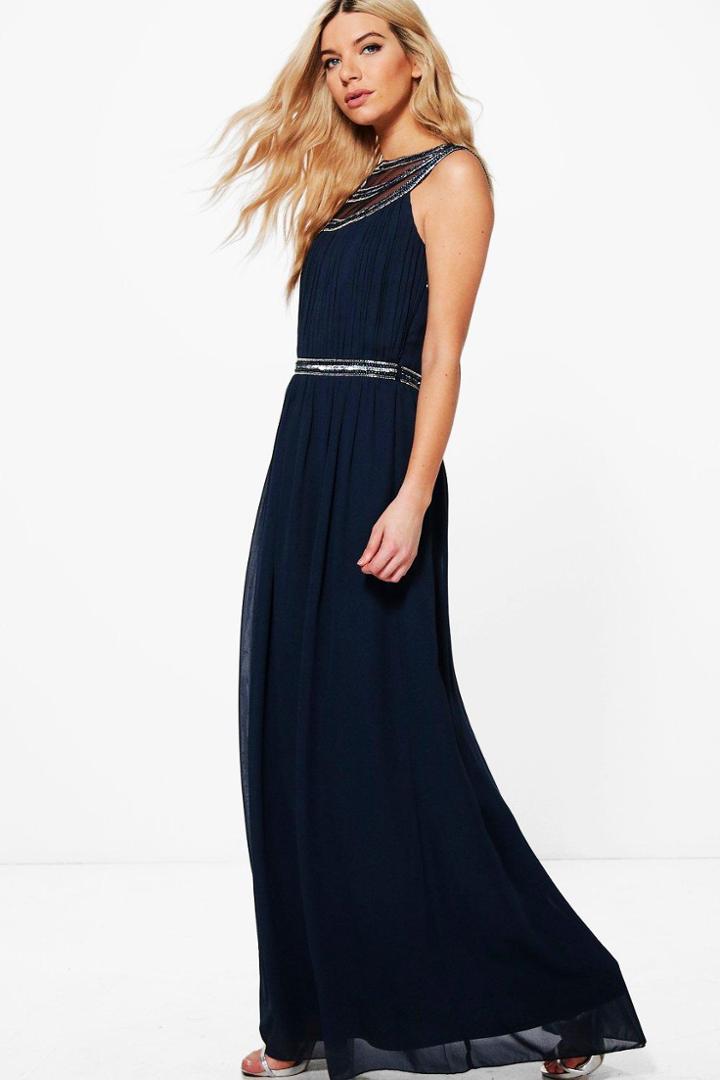 Boohoo Boutique Lila Embellished Chiffon Maxi Dress Navy