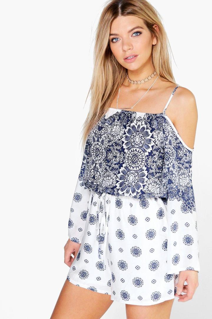 Boohoo Ria Off The Shoulder Printed Playsuit Multi