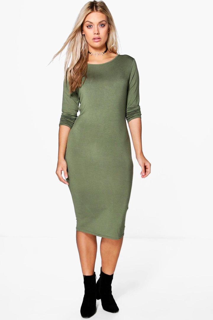 Boohoo Plus Annie Long Sleeve Midi Bodycon Dress Khaki