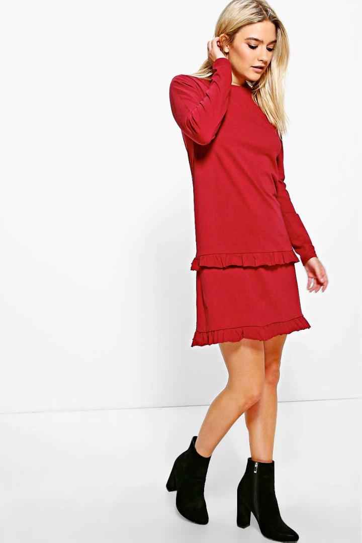 Boohoo Anna Double Frill Shift Dress Wine