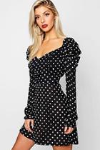 Boohoo Satin Polka Dot Puff Sleeve Skater Dress