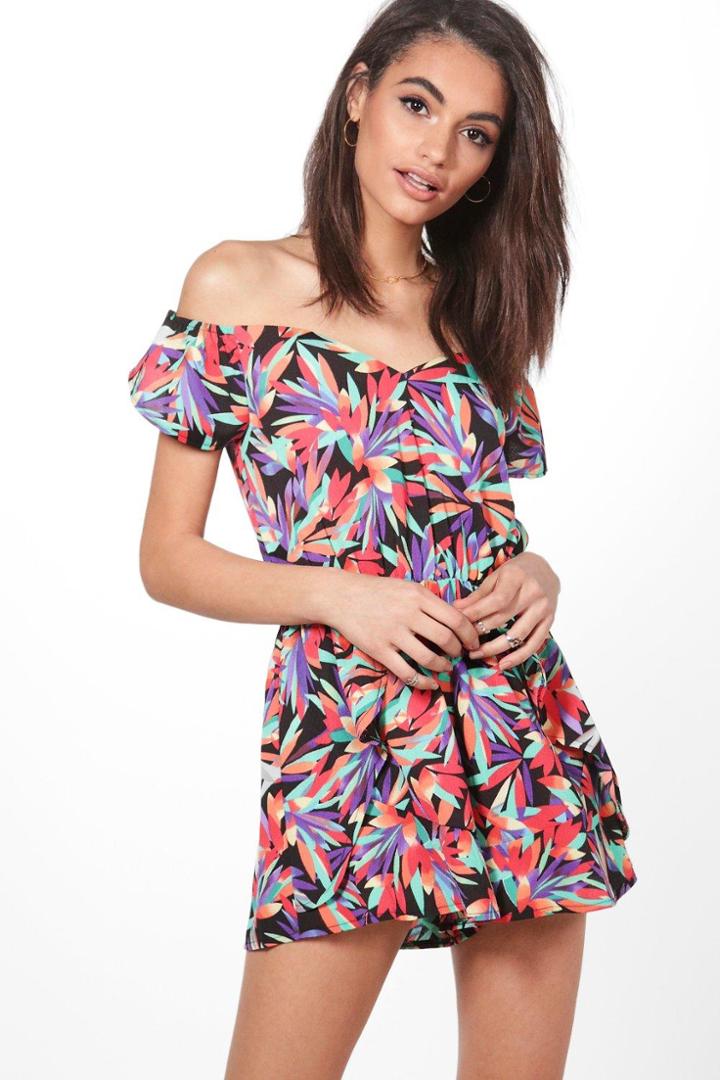 Boohoo Ruby Off The Shoulder Tropical Print Playsuit Multi