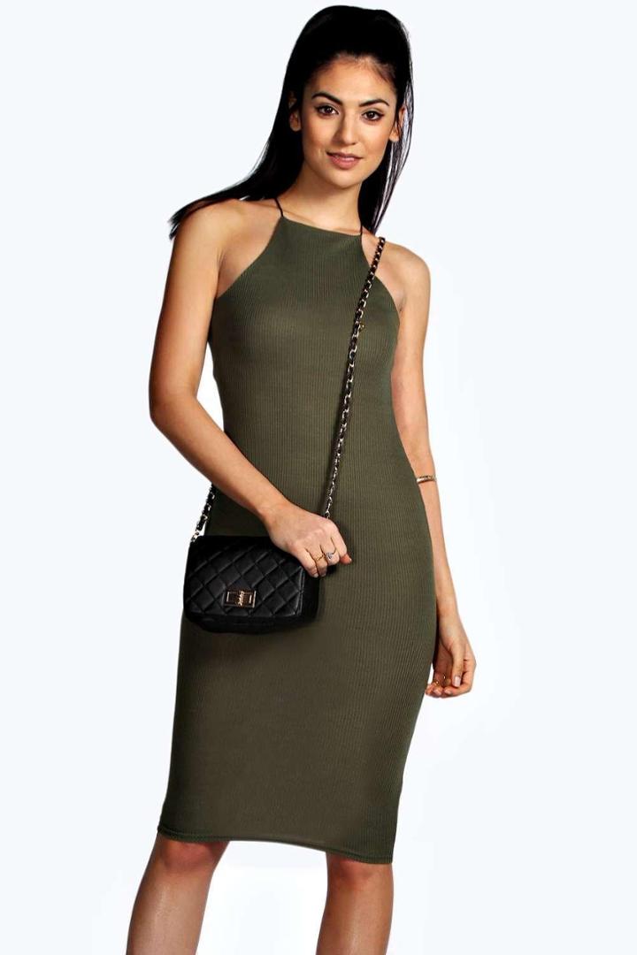 Boohoo Demi Strappy Cutaway Midi Bodycon Dress Khaki