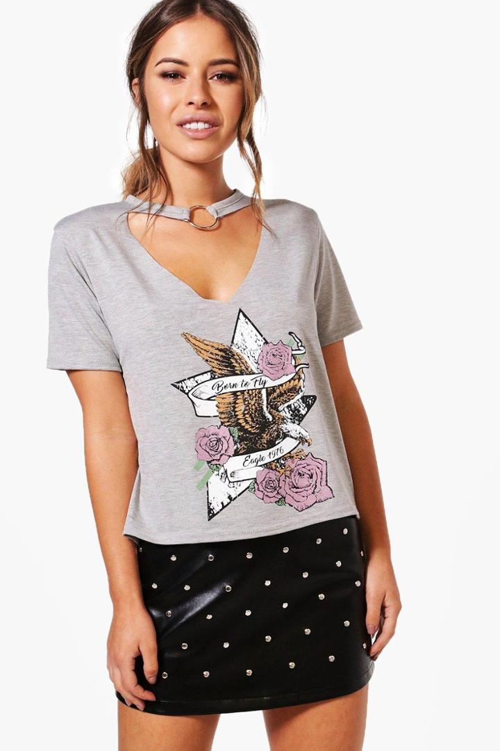 Boohoo Petite Lucy Choker Ring Band Tee Grey
