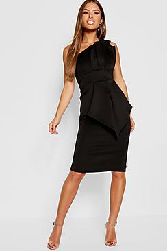 Boohoo Petite One Shoulder Pleated Detail Midi Dress