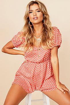 Boohoo Puff Sleeve Button Through Spot Playsuit