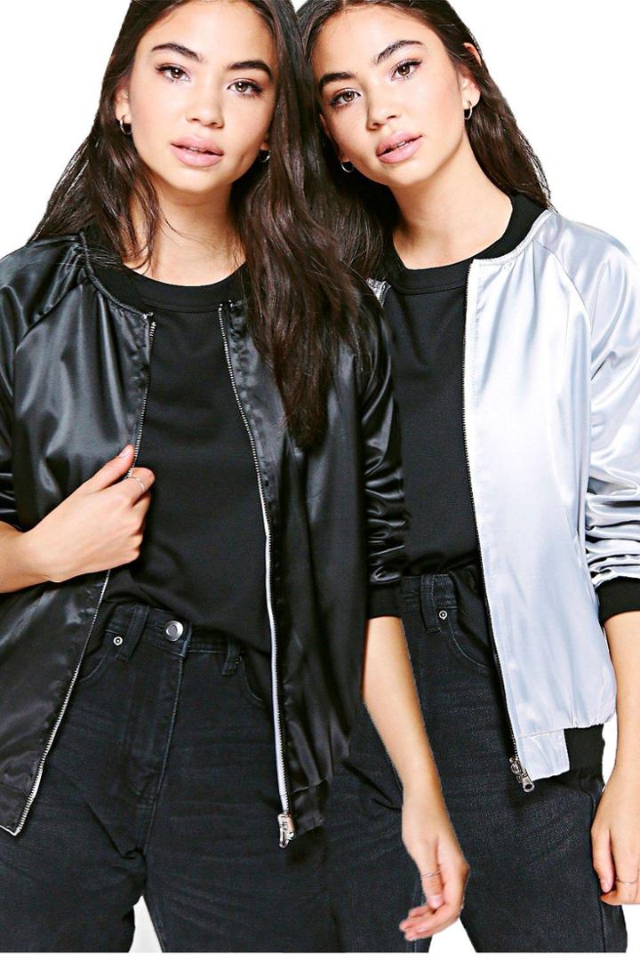 Boohoo Ellen Satin Reversible Bomber Grey