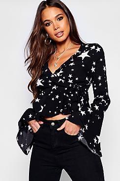 Boohoo Tall Star Print Ruffle Tie Waist Blouse