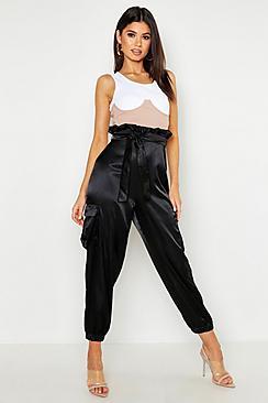 Boohoo Paperbag Tie Waist Satin Cargo Trousers