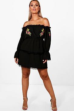 Boohoo Plus Elle Embroidered Tiered Bardot Skater Dress