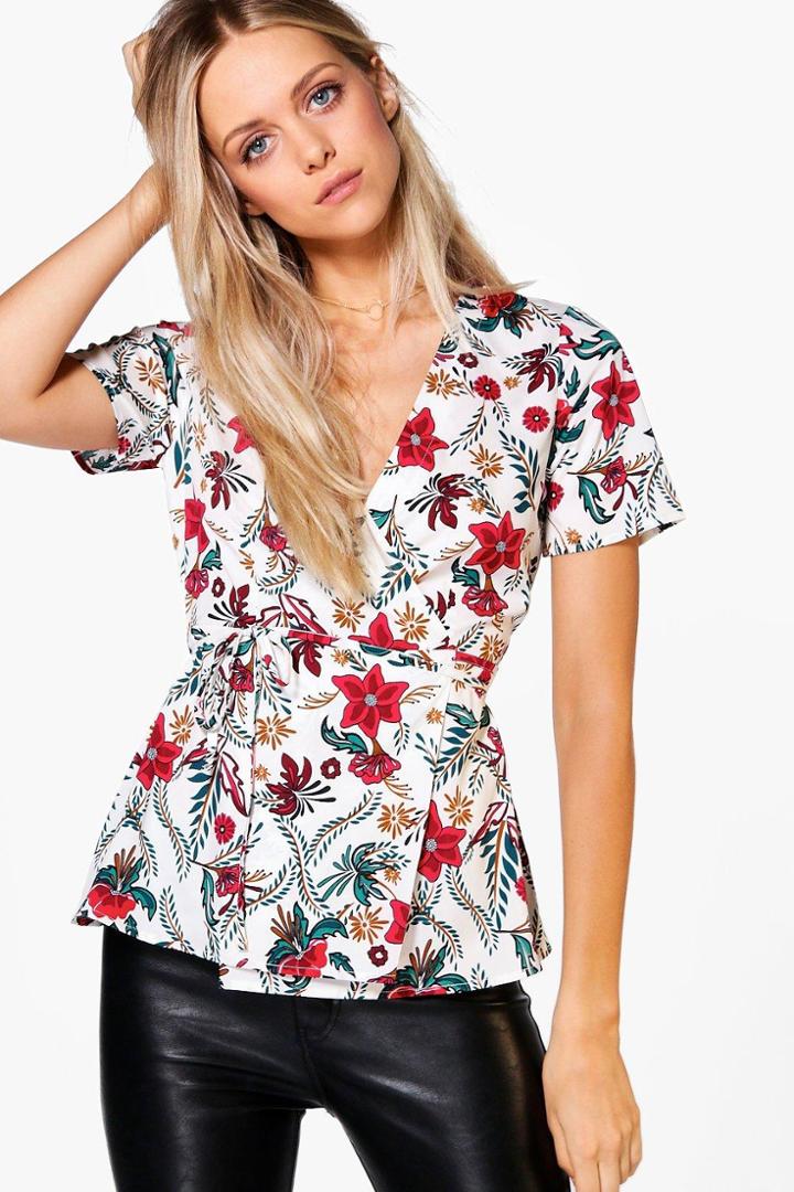 Boohoo Florence Printed Peplum Top White