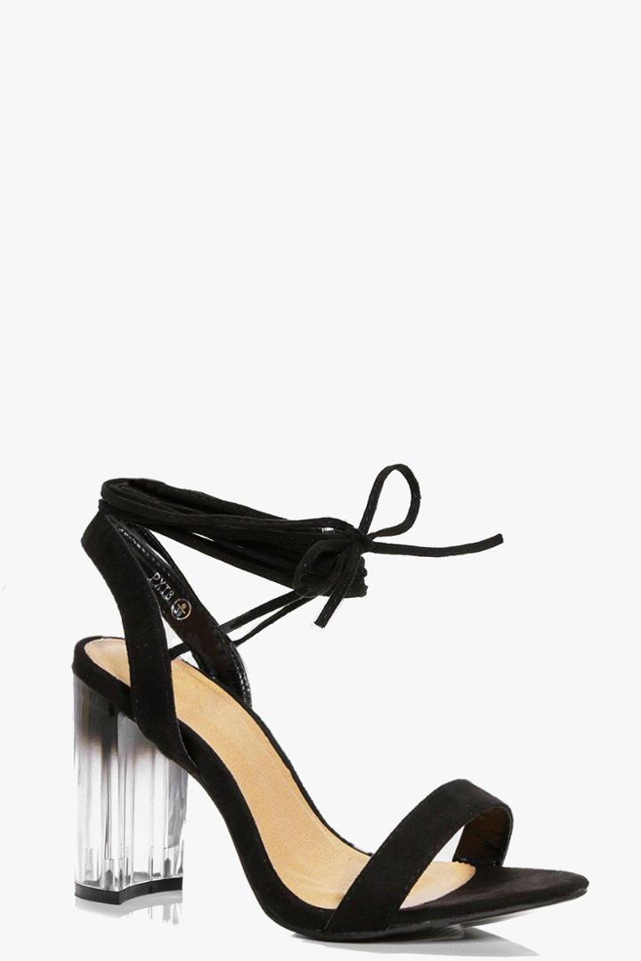 Boohoo Ellie Wrap Strap Clear Block Heel Black