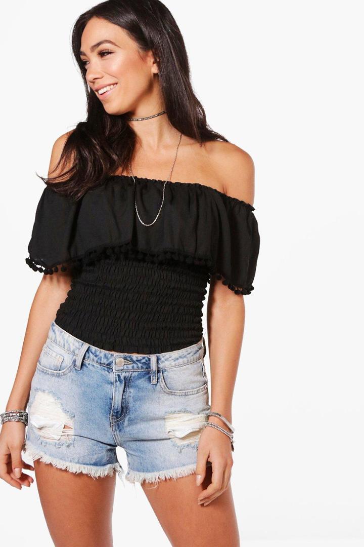 Boohoo Olivia Pom Pom Trim Woven Off The Shoulder Top Black