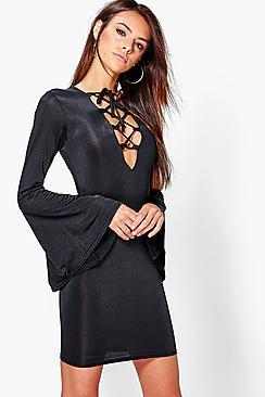 Boohoo Willa Lace Up Flared Sleeve Bodycon Dress