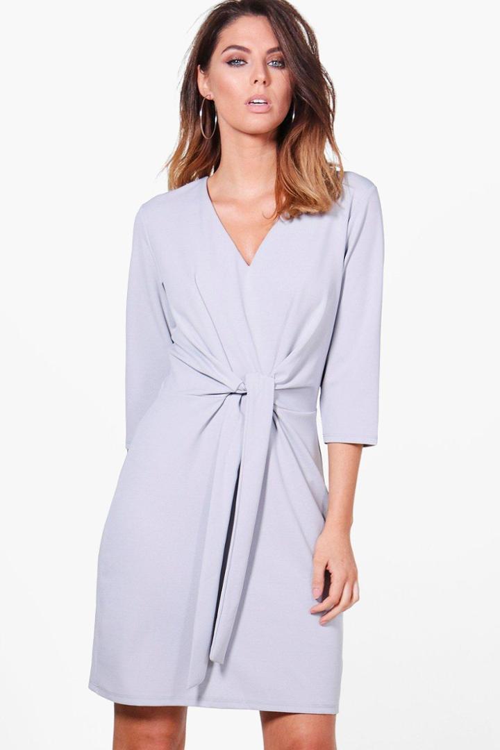 Boohoo Eva Tie Waist Woven Dress Grey