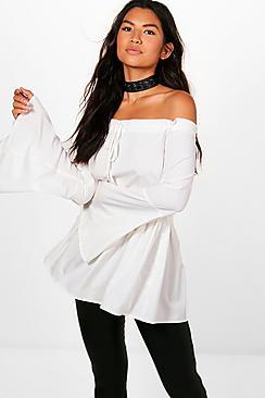 Boohoo Maria Bardot Flare Sleeve Peplum Top