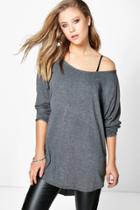 Boohoo Elsa Raglan Sleeve Off The Shoulder Dip Back Tunic Charcoal
