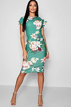 Boohoo Floral Ruffle Tailored Midi Dress