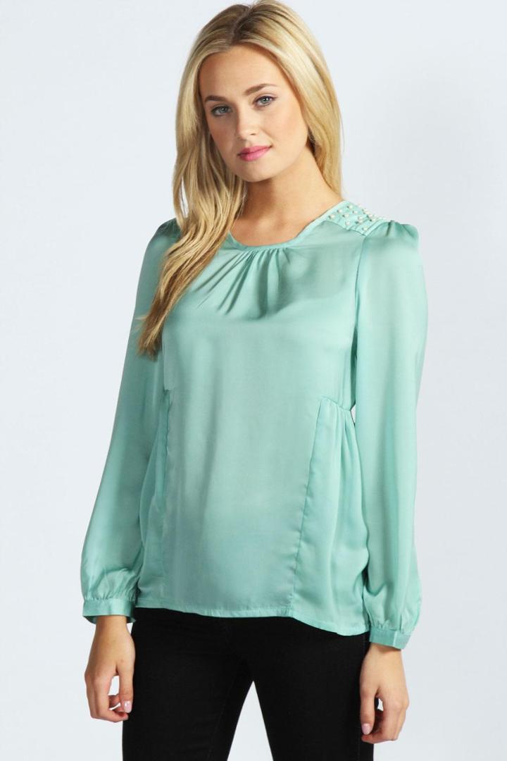 Boohoo Nicola Pu And Pearl Shoulder Chiffon Peplum Blouse - Mint