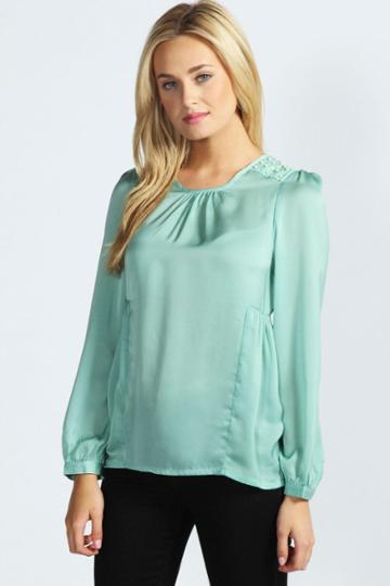 Boohoo Nicola Pu And Pearl Shoulder Chiffon Peplum Blouse - Mint