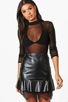 Boohoo Nina Drop Hem Lace Detail Leather Look Mini Skirt