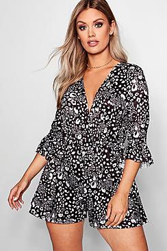 Boohoo Plus Spot & Leopard Print Playsuit