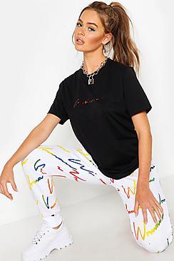 Boohoo Rainbow Foil Woman Script Slogan T-shirt