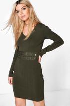 Boohoo Constantina Lace Up Middle Ribbed Knit Dress Khaki